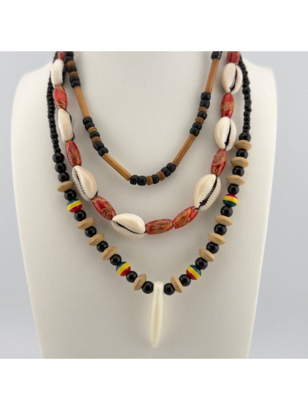 Boho Beaded Shell Wood Tribal Necklace Set of 3 Surfer Beach Coastal Layer